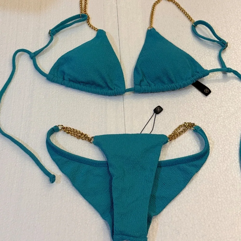 Vix Paula Hermanny Bikini Set S/XS Turquoise Gold Chain Textured Smocked Brazil